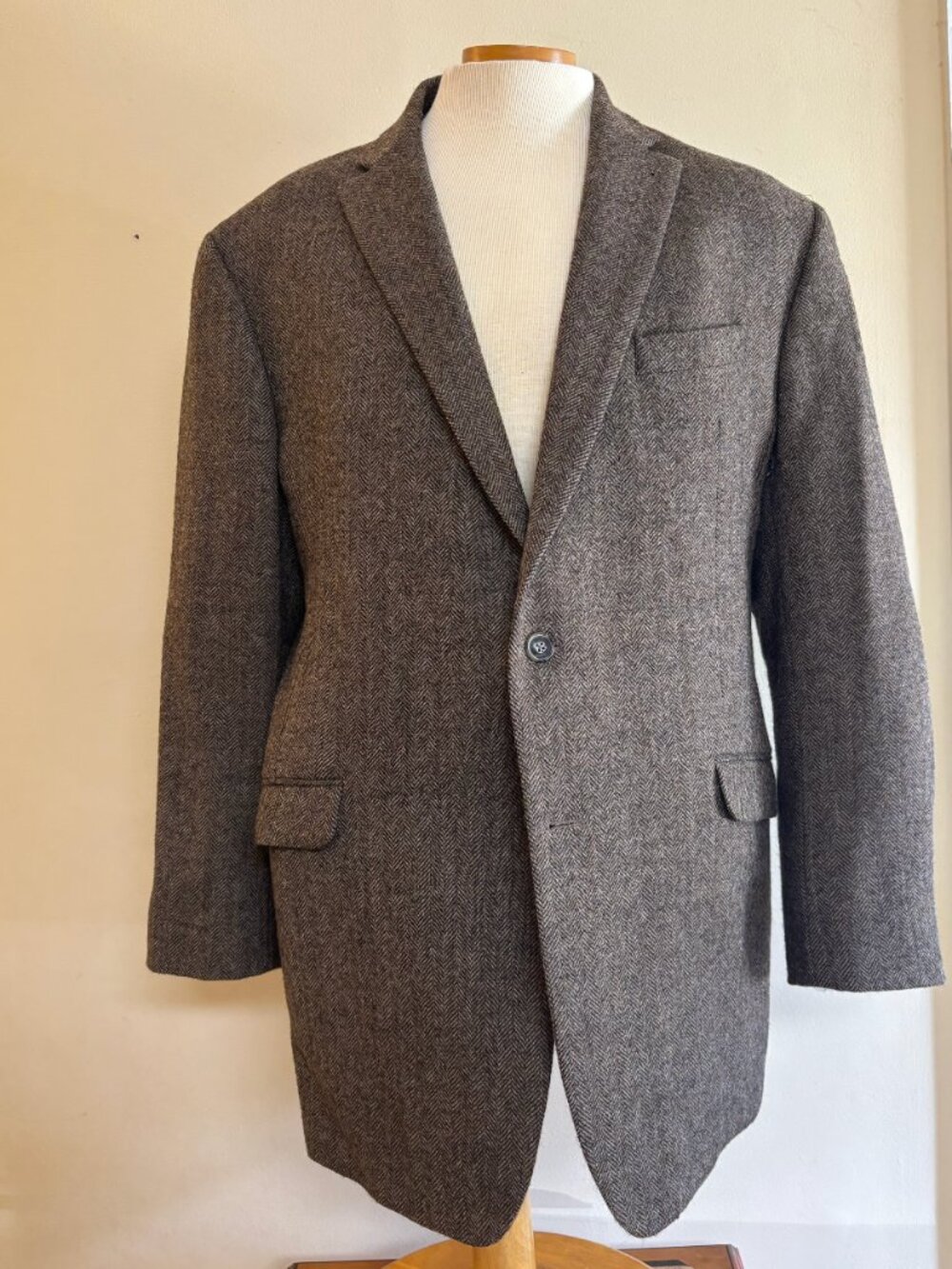 Private Label Mens Brown Tweed Wool Herringbone Sport Coat Jacket Size 48L